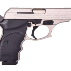 Silver and black handgun, left side view.