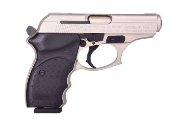 Silver and black handgun, left side view.