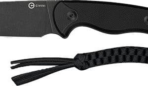 Black survival knife with paracord handle.