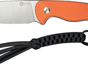 Orange-handled knife with black woven lanyard.