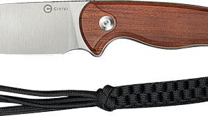Fixed blade knife with wooden handle and lanyard