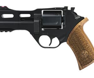 Black revolver with wooden grip, side view