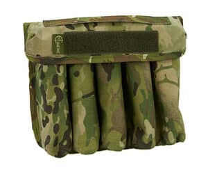 Camouflage military ammunition pouch with multiple compartments.