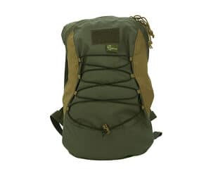 Green and brown outdoor backpack with drawstring.
