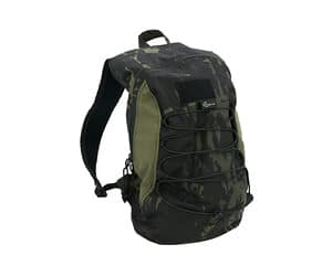 Camouflage backpack with front bungee cords.