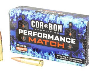 Corbon Performance Match ammunition box with bullets