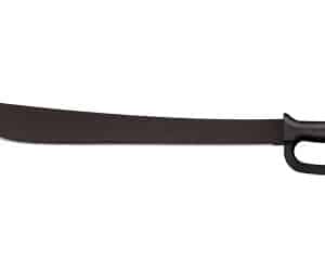 Long machete with black handle on white background.