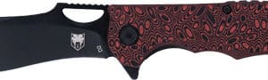 Red patterned folding knife with black blade