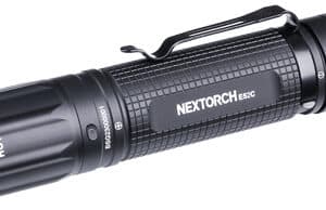Compact black tactical flashlight with clip