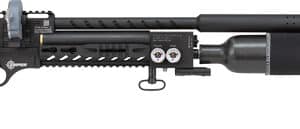 High-powered air rifle with wooden grip and gauges.