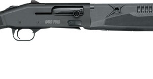 Black pump-action shotgun with extended barrel sight.