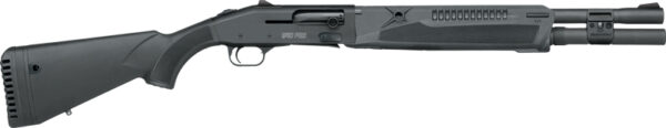 Black pump-action shotgun with extended barrel sight.