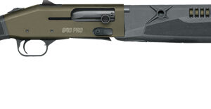 Tactical shotgun with pump action and barrel magazine.