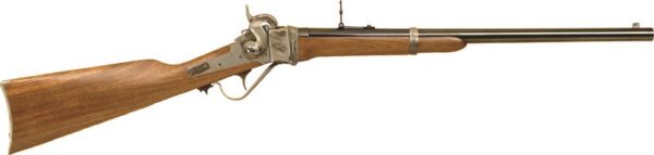 Antique wooden rifle from side view.