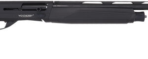 Black semi-automatic shotgun, side view.