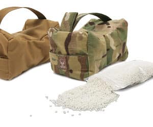 Camouflage and brown shooting rests with polymer beads.