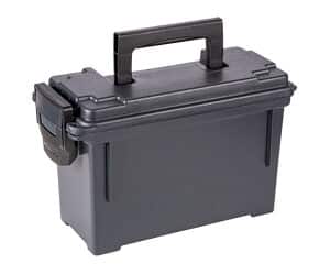 Black plastic storage box with handle, closed lid