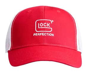 Red hat with white logo and text.