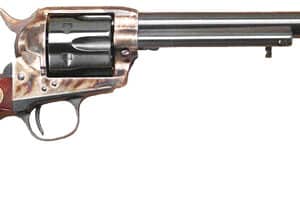 Vintage revolver with wooden grip and long barrel.