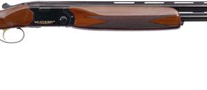 Wooden stock double-barrel shotgun on white background.