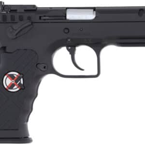 Black handgun with a crosshair emblem on grip.