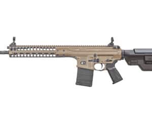 Modern tactical rifle on white background.