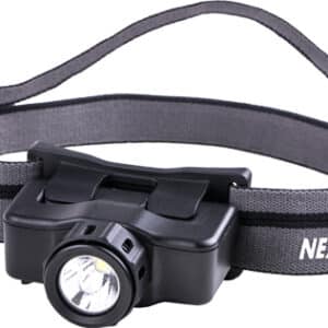 Black headlamp with adjustable strap and LED light.
