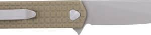 Folding knife with tan handle and clip.