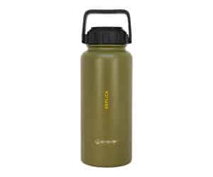Green stainless steel water bottle with handle.