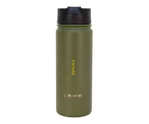 Green insulated water bottle with black lid