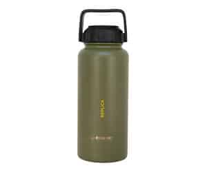 Green insulated water bottle with black lid