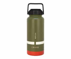 Green insulated water bottle with handle.