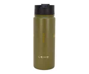 Olive green insulated travel mug with black lid.