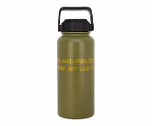 Olive green water bottle with black lid handle.