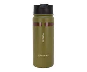 Green insulated travel mug with black lid.