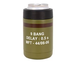 Olive green can cooler with can inside.