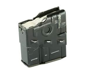 Black metal rifle magazine on white background.