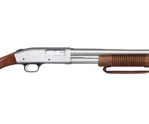 Silver and wood pump-action shotgun on display