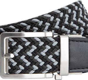 Black and gray woven belt with silver buckle.