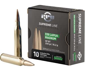 338 Lapua Magnum ammunition box with bullets.