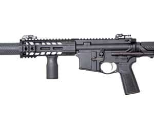 Black semi-automatic rifle with silencer attachment