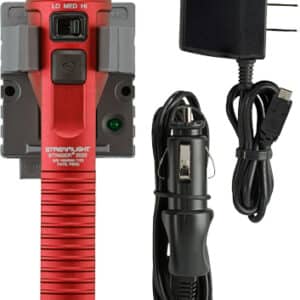 Red flashlight with charger and power adapter.