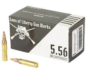 Box of 5.56 cartridges with two bullets displayed.