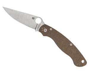 Folding knife with textured handle and silver blade.