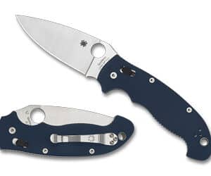 Blue folding knife with open and closed views.