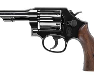 Black revolver with wooden handle on white background.