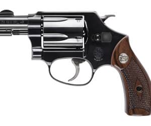 Revolver handgun with wooden grip and black finish.
