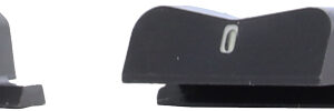 Handgun sights with green dot and black finish.