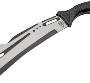 Tactical machete with hook blade and ergonomic handle.