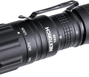 Black tactical flashlight with grip and clip